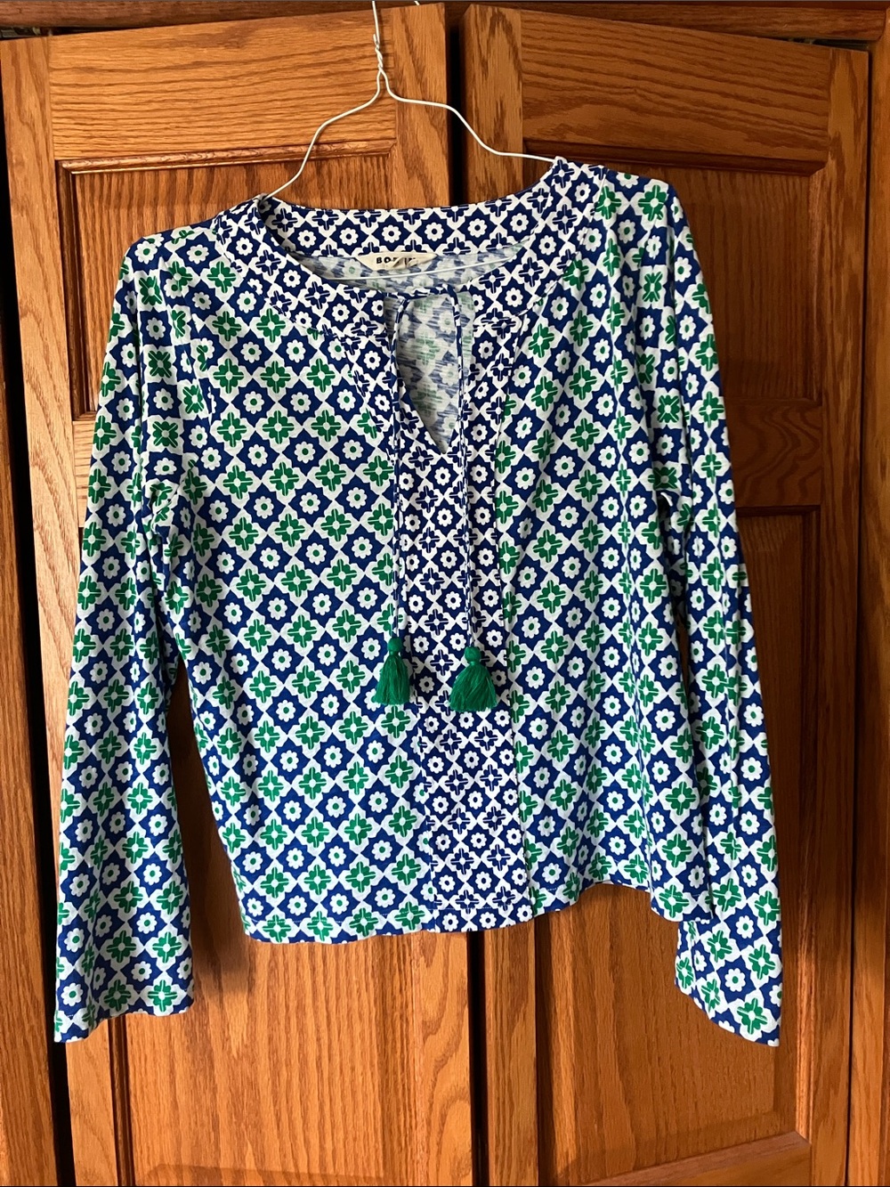 Boden Blue & Green Geometric Long-Sleeve Top with Tassel Tie